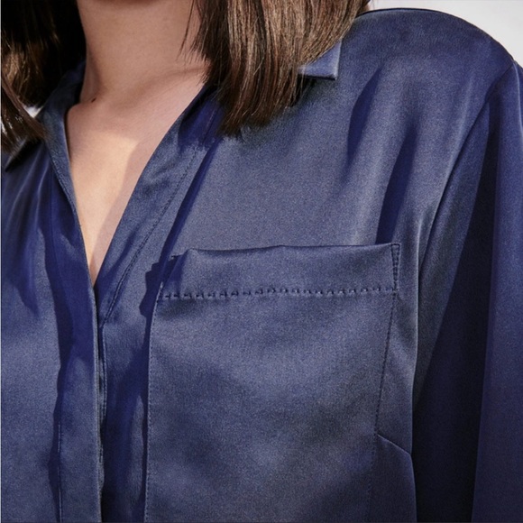 Lunya Washable Silk Cropped Button Down Pajama Lounge Top in Deep Blue - Picture 13 of 14